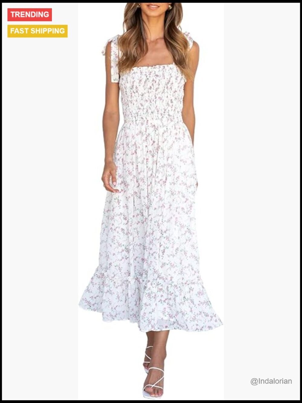 Smocked Maxi Dress Boho Tie Strap Sleeveless Flowy A-Line Beach Sundress